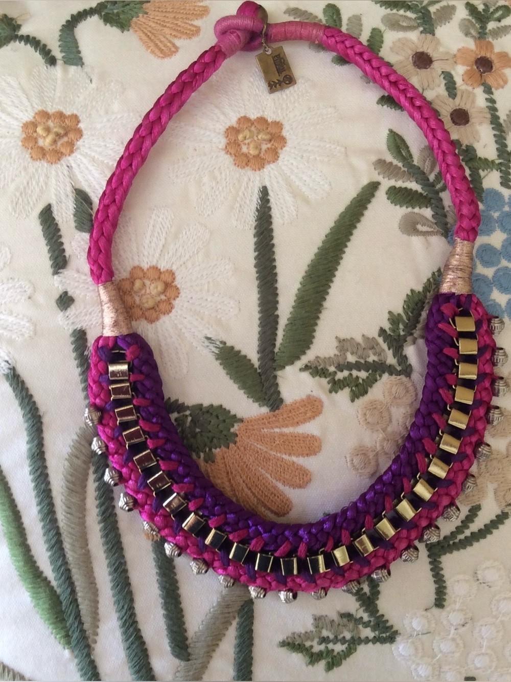 MayaBazaar Handcrafted Silk Brass & Silver Beads Braided Pink & Purple Necklace